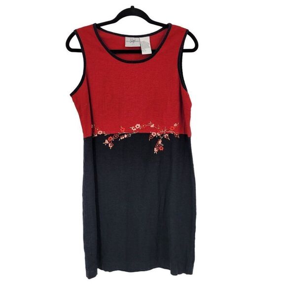 Vintage 90s Linen Sleeveless Shift Dress 10 Red Black Floral Embroidered - Picture 4 of 15